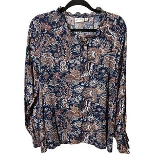 Wonderly Medium Navy Blue Floral Smocked V-Neck Blouse Long Sleeve Ruffle Cuff